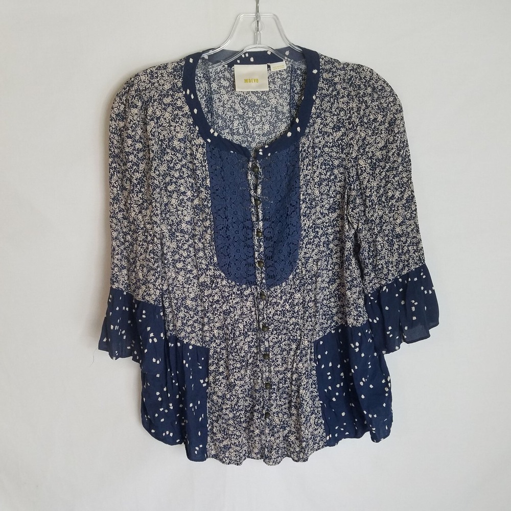 Anthropologie Maeve Womens Blue Pleated Lace Button Front Rayon Shirt Size 2‎